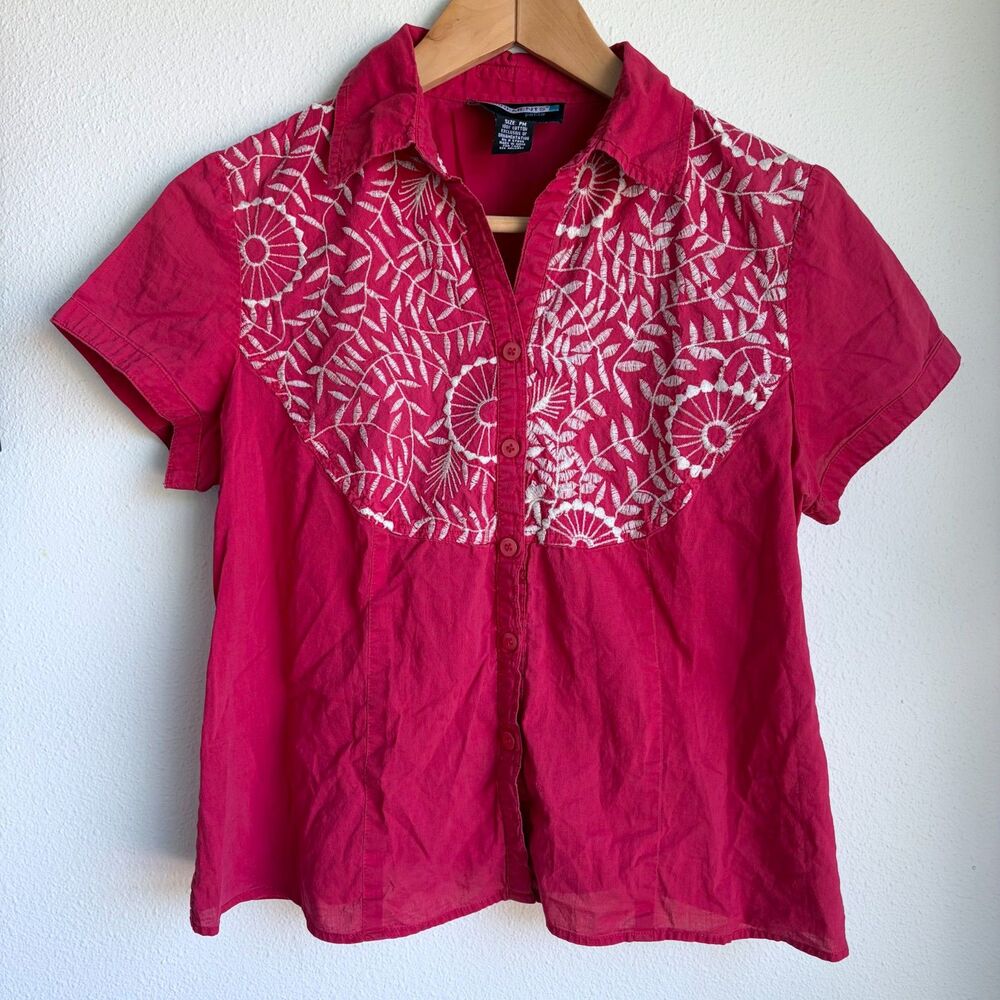 REQUIREMENTS Vtg Y2K Red Embroidery Western Button Down Shirt Womens Medium Pet